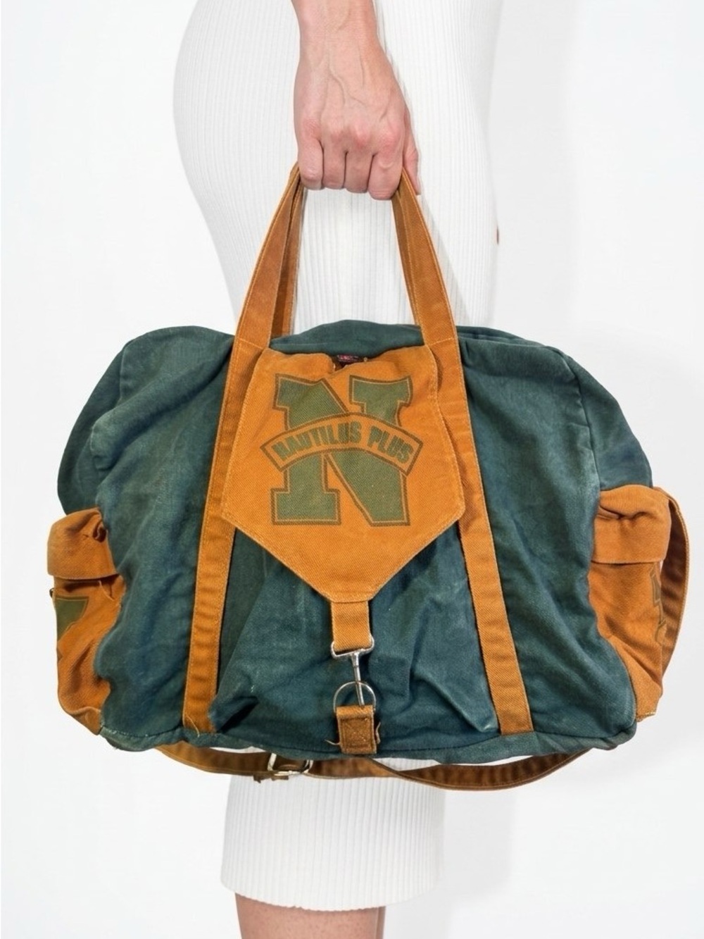 NAUTILUS PLUS Vintage Duffle Bag Teal Tan Canvas Travel Sport Bag Woman UNISEX